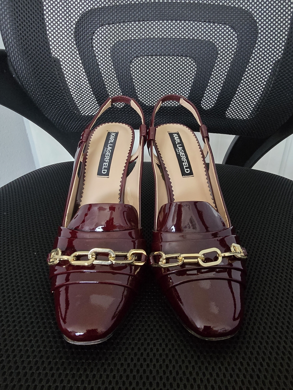 Karl Lagerfeld Paris Georgie Burgundy Patent Slingback Heels Size 7.5